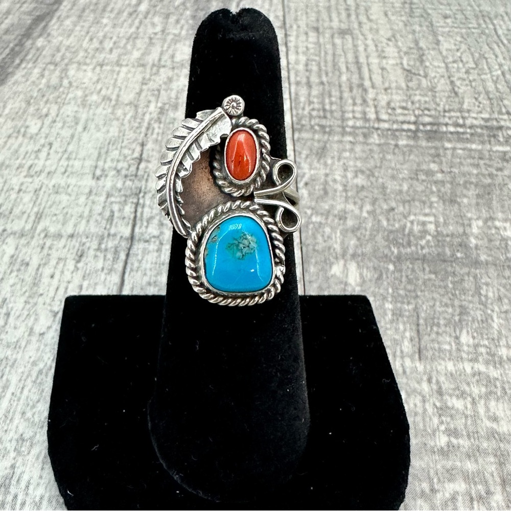 Vintage Native American Sterling Silver Turquoise Coral Feather Ring Sz 6.5